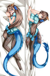 Rule 34 | 1girl, armor, black hair, black pantyhose, blue dress, blue eyes, blush, bound, breasts, china dress, chinese clothes, dakimakura (medium), denis053, dragon girl, dragon horns, dragon tail, dress, feet, fins, head fins, horns, impossible clothes, impossible dress, karin (p&amp;d), long hair, looking at viewer, low-tied long hair, lying, monster girl, multiple views, on side, on stomach, open mouth, pantyhose, puzzle &amp; dragons, rope, sample watermark, scales, short sleeves, tail, tied up (nonsexual), very long hair, watermark, zuo wei er