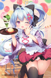 Rule 34 | 1girl, ;d, ahoge, apron, balloon, black bow, black thighhighs, blue hair, bow, braid, brown footwear, commentary request, food, frilled apron, frilled skirt, frills, hair bow, hair intakes, high ponytail, holding, holding tray, indoors, japanese clothes, kimono, long hair, one eye closed, open mouth, original, piyodera mucha, pleated skirt, ponytail, print kimono, purple eyes, purple kimono, red bow, red skirt, short sleeves, skirt, smile, solo, standing, standing on one leg, thighhighs, tray, very long hair, white apron, wide sleeves