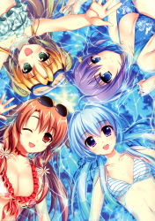 Rule 34 | 4girls, :d, ;d, absurdres, ahoge, alpha (yukai na nakamatachi), bandeau, bare shoulders, bikini, blonde hair, blue bikini, blue eyes, blue hair, breasts, choker, cleavage, frilled bikini, frills, goggles, goggles on head, green eyes, hair intakes, hair ornament, hairclip, highres, isozaki renka, kuribayashi hatoko, long hair, looking at viewer, low twintails, lying, makishima amane, medium breasts, multiple girls, okiba ga nai!, on back, one eye closed, open mouth, outstretched arms, partially submerged, print bikini, purple eyes, purple hair, red eyes, red hair, ribbon choker, scan, shannon (okiba ga nai!), short hair, small breasts, smile, string bikini, striped bikini, striped clothes, swimsuit, twintails, water, wink
