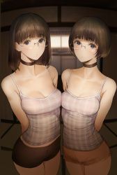 Rule 34 | 2girls, arms behind back, asymmetrical docking, bare shoulders, blue eyes, blunt bangs, blurry, blurry background, bob cut, breast press, breasts, brown hair, brown shorts, camisole, cleavage, closed mouth, collarbone, commentary request, content rating, cowboy shot, depth of field, glasses, highres, indoors, medium hair, mole, mole under mouth, multiple girls, orange shorts, original, parted lips, plaid, rimless eyewear, short hair, short shorts, shorts, small breasts, tsukino wagamo
