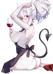 Rule 34 | 1girl, absurdres, alcohol, armpits, ass, ataruman, back, beauty spot, bottle, breasts, closed mouth, cup, drinking glass, helltaker, highres, large breasts, lucifer (helltaker), nipples, simple background, tagme, tail, transparent background, white background, wine, wine bottle, wine glass