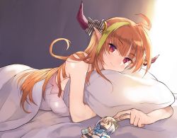 Rule 34 | 1girl, ahoge, amane kanata, bed sheet, blonde hair, bow, breasts, character doll, closed mouth, commentary request, dragon horns, fang, hololive, horn bow, horn ornament, horns, kiryu coco, large breasts, looking at viewer, lying, multicolored hair, ohkuro marimo, on stomach, orange hair, pillow, pointy ears, red eyes, skin fang, solo, streaked hair, striped, striped bow, virtual youtuber