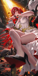 Rule 34 | 1girl, bare legs, bare shoulders, black choker, blurry, blurry background, blurry foreground, bracelet, breasts, choker, cleavage, collarbone, commentary, crossed legs, cup, dress, dutch angle, english commentary, footwear focus, hair between eyes, high heels, highres, himeko (honkai: star rail), holding, holding cup, holding plate, honkai: star rail, honkai (series), jacket, jacket on shoulders, jewelry, large breasts, legs, liang xing, long dress, long hair, looking at viewer, orange eyes, parted lips, plate, red hair, sitting, solo, teacup, thighs, very long hair, white dress