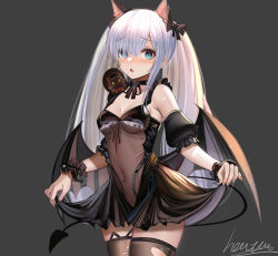 Rule 34 | 1girl, animal ears, artist name, azur lane, black background, black choker, black dress, black tail, black thighhighs, black wings, blue eyes, blush, bow, breasts, cat ears, choker, clothes lift, covered navel, dress, dress lift, fake animal ears, feet out of frame, hair bow, halloween costume, heatia, highres, janus (azur lane), janus (fright-night scaredy-cat) (azur lane), long hair, looking at viewer, medium breasts, official alternate costume, open mouth, solo, standing, thighhighs, torn clothes, torn thighhighs, twintails, white hair, wings