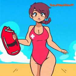 Rule 34 | 1girl, animated, animated gif, beach, braid, breasts, brown hair, cleavage, freckles, holding, lifeguard, looking at viewer, one-piece swimsuit, orange eyes, outdoors, plus sign, red one-piece swimsuit, running, scruffmuhgruff, single braid, solo, swimsuit