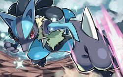 Rule 34 | commentary request, creatures (company), energy, from below, game freak, gen 4 pokemon, hyou (hyouga617), incoming attack, looking at viewer, lucario, nintendo, outline, pink eyes, pokemon, pokemon (creature), solo, spikes, yellow fur