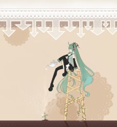 Rule 34 | 1girl, arm tattoo, arrow (symbol), ayasa, black footwear, black skirt, black sleeves, black thighhighs, blue hair, boots, breasts, closed eyes, closed mouth, collared shirt, commentary request, detached sleeves, expressionless, flower, full body, grey shirt, hatsune miku, highres, holding, holding watering can, long hair, medium breasts, miniskirt, number tattoo, pink flower, plant, pleated skirt, shirt, sitting, skirt, sleeveless, sleeveless shirt, solo, stool, tattoo, thigh boots, thighhighs, very long hair, vines, vocaloid, watering, watering can
