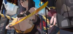 Rule 34 | 2girls, absurdres, alternate costume, arknights, black bra, black hair, black jacket, bra, breasts, chinese commentary, city, cleavage, closed mouth, cowboy shot, day, detached wings, expressionless, exusiai (arknights), halo, highres, holding, holding sword, holding weapon, indoors, jacket, lezhu, long hair, medium breasts, midriff, multiple girls, nail polish, navel, off shoulder, open clothes, open jacket, orange eyes, partially undressed, red hair, short hair, sports bra, sunlight, sword, tail, television, texas (arknights), underwear, undressing, weapon, white nails, window, wings, wolf tail