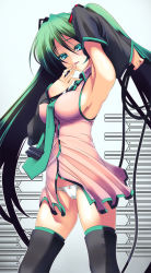 Rule 34 | 1girl, aqua eyes, armpits, black thighhighs, bow, bow panties, breasts, cameltoe, coffee cat, covered erect nipples, detached sleeves, finger to mouth, green eyes, green hair, hatsune miku, large breasts, long hair, matching hair/eyes, naughty face, panties, parted lips, solo, thighhighs, twintails, underwear, very long hair, vocaloid, white panties, zettai ryouiki