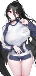 Rule 34 | 1girl, black choker, black hair, black wings, blue archive, blue shorts, breasts, choker, gym uniform, hair between eyes, hasumi (blue archive), hasumi (track) (blue archive), highres, large breasts, looking at viewer, mirei, official alternate costume, red eyes, shorts, simple background, solo, white background, wings
