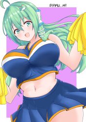 Rule 34 | 1girl, ahoge, blue skirt, blush, breasts, cheerleader, commentary request, frog hair ornament, green eyes, hair ornament, hair tubes, highres, huge breasts, kochiya sanae, looking at viewer, navel, open mouth, pamu art, pink background, pom pom (cheerleading), simple background, skirt, snake hair ornament, solo, touhou, twitter username