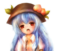 Rule 34 | 1girl, amano jack, bad id, bad pixiv id, blue hair, female focus, food, fruit, hat, hinanawi tenshi, long hair, no bra, open clothes, open mouth, open shirt, peach, red eyes, shirt, solo, tears, touhou