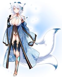 Rule 34 | 1girl, animal ears, blue background, blue nails, breasts, commentary request, curled horns, fingernails, fox ears, fox tail, full body, hand up, horns, konshin, large breasts, long sleeves, looking at viewer, multiple tails, nail polish, original, smile, snowflakes, solo, standing, stirrup legwear, tail, toeless legwear, toenail polish, toenails