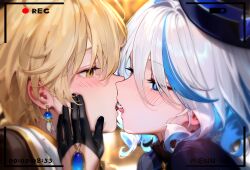 Rule 34 | 1boy, 1girl, aether (genshin impact), black gloves, blonde hair, blue eyes, blush, earrings, eye contact, french kiss, furina (genshin impact), genshin impact, gloves, hand on another&#039;s face, jewelry, kiss, looking at another, multicolored hair, short hair, shuimonianhua, two-tone hair, viewfinder, white hair, yellow eyes
