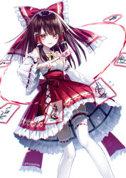 Rule 34 | 1girl, bow, brown hair, crinoline, detached sleeves, feet out of frame, frilled bow, frilled skirt, frilled sleeves, frills, hair bow, hair tubes, hakurei reimu, highres, holding, hoop skirt, kazunehaka, long hair, long sleeves, nontraditional miko, red bow, red eyes, red skirt, sidelocks, skirt, solo, talisman, thigh strap, thighhighs, touhou, white background, white thighhighs, wide sleeves, yellow neckwear
