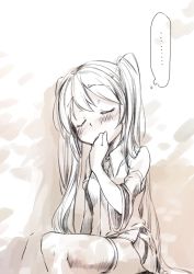 Rule 34 | 1girl, absurdres, blush, detached sleeves, closed eyes, hatsune miku, highres, long hair, monochrome, necktie, sitting, sketch, skirt, solo, thighhighs, twintails, very long hair, vocaloid, yuunagi show