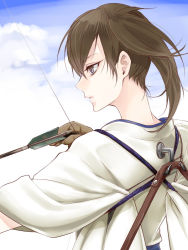 Rule 34 | 10s, 1girl, arrow (projectile), bad id, bad pixiv id, bow (weapon), brown eyes, brown hair, drawing bow, from behind, gloves, holding, holding bow (weapon), holding weapon, japanese clothes, kaga (kancolle), kantai collection, side ponytail, solo, tasuki, weapon, zuwai kani
