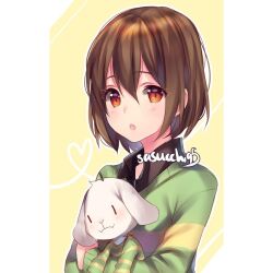 Rule 34 | 1other, :o, androgynous, asriel dreemurr, blush, brown hair, chara (undertale), character doll, collared shirt, doll, green sweater, hair between eyes, heart, holding, holding doll, long sleeves, looking at viewer, open mouth, orange eyes, sasucchi95, shirt, short hair, solo, striped clothes, striped sweater, sweater, undertale, upper body, yellow background, yellow sweater