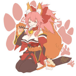 Rule 34 | 1girl, animal ear fluff, animal ears, animal hands, apron, bare shoulders, bell, black legwear, breasts, cat paws, cleavage, closed eyes, closed mouth, collar, collarbone, detached sleeves, eating, fangs, fate/grand order, fate (series), food, fox ears, fox tail, gloves, hair ribbon, japanese clothes, jingle bell, kerossama, kimono, kneeling, large breasts, long hair, neck bell, paw gloves, paw shoes, pink hair, ponytail, red kimono, ribbon, shoes, sitting, tail, tamamo (fate), tamamo cat (fate), tamamo cat (first ascension) (fate)