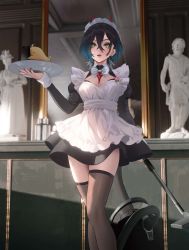 Rule 34 | 1girl, absurdres, apron, azur lane, black dress, black hair, blue hair, bow, bowtie, breasts, brown thighhighs, chest jewel, cirilla lin, cleavage, cleavage cutout, clothing cutout, contrapposto, dress, ear piercing, earrings, eyes visible through hair, fang, gradient hair, hair behind ear, hair between eyes, highres, holding, holding tray, horns, jewelry, jpeg artifacts, knees up, lips, looking at viewer, maid, maid apron, medium breasts, mirror, monster energy, multicolored hair, multiple piercings, nail polish, ohisashiburi (style), open mouth, piercing, puffy sleeves, red nails, short hair, slit pupils, solo, standing, thighhighs, thighs, tray, ulrich von hutten (azur lane), ulrich von hutten (mayhem maid) (azur lane), vacuum cleaner, white apron, white bow, white bowtie, white hair, yellow eyes, zettai ryouiki