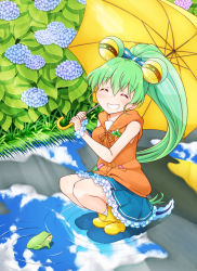 Rule 34 | 1girl, blush, boots, bow, breasts, closed mouth, cloud, commentary request, day, flower, frog, full body, grass, green hair, grin, hair between eyes, hair bow, hair ornament, harada (sansei rain), high ponytail, holding, holding umbrella, hydrangea, jacqueline (show by rock!!), long hair, medium breasts, orange shirt, outdoors, puddle, reflection, ripples, rubber boots, sailor collar, scrunchie, shadow, shirt, show by rock!!, sky, sleeveless, sleeveless shirt, smile, squatting, striped, striped bow, sunlight, tail, umbrella, very long hair, water, wrist scrunchie, yellow footwear