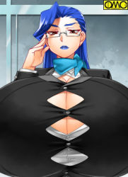 Rule 34 | blue hair, breasts, bursting breasts, gigantic breasts, glasses, lowres, original, pov, source request, straining buttons, sudachi (omc), tagme, teacher