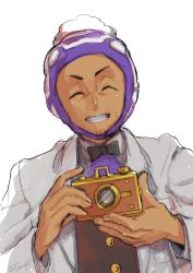 Rule 34 | 1boy, beanie, black bow, black bowtie, bow, bowtie, brown vest, buttons, camera, closed eyes, collared shirt, commentary request, creatures (company), dark-skinned male, dark skin, facial hair, facing viewer, game freak, grin, happy, hat, highres, holding, holding camera, lab coat, laventon (pokemon), male focus, mugitarou, nintendo, pokemon, pokemon legends: arceus, purple hat, shirt, smile, solo, teeth, twitter username, upper body, vest, white background