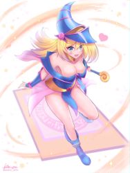 Rule 34 | 1girl, absurdres, artist name, bare shoulders, blonde hair, blush stickers, boots, breasts, cape, capelet, cleavage, collar, commentary, dark magician girl, dress, duel monster, full body, green eyes, hat, highres, holding, ken-pai (kenpai arts), knee boots, large breasts, leg up, long hair, looking at viewer, open mouth, pelvic curtain, pink cape, short dress, signature, simple background, smile, solo, sparkle, thighs, wand, wizard hat, yu-gi-oh!, yu-gi-oh! duel monsters