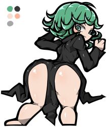 1girl aqua_eyes aqua_hair ass black_dress breasts closed_mouth color_guide dress eyelashes from_behind kneeling long_sleeves looking_back name_omoitukan2 one-punch_man shiny_skin short_hair simple_background small_breasts solo tatsumaki thick_lineart v-shaped_eyebrows white_background