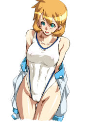 Rule 34 | 1girl, abs, blush, breasts, cameltoe, cowboy shot, creatures (company), game freak, green eyes, highres, jacket, legs, medium breasts, misty (pokemon), muscular, nintendo, nipples, one-piece swimsuit, open clothes, open jacket, open mouth, orange hair, pokemon, pokemon hgss, pussy, qkat, qkat (arikawa-dou), simple background, smile, solo, standing, swimsuit, swimsuit under clothes, thighs, white background, white jacket, white one-piece swimsuit