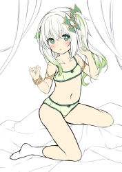 Rule 34 | 1girl, :o, bare shoulders, bed sheet, blush, bow, bow bra, bow panties, bra, breasts, curtains, flower-shaped pupils, full body, genshin impact, green bra, green eyes, green hair, green panties, hair between eyes, hair ornament, hands up, highres, long hair, multicolored hair, nahida (genshin impact), navel, no shoes, panties, parted lips, pointy ears, sakuraba hikaru (loveindog), side ponytail, simple background, small breasts, socks, solo, streaked hair, symbol-shaped pupils, underwear, underwear only, white background, white hair