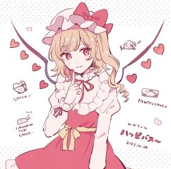 Rule 34 | 2022, arrow (symbol), belt, blonde hair, bow, bowtie, closed mouth, commentary request, dress, english text, fingernails, flandre scarlet, frills, hand up, hat, hat bow, heart, heart in eye, highres, juliet sleeves, long sleeves, looking to the side, mob cap, mozukuzu (manukedori), nail polish, one side up, pink eyes, puffy long sleeves, puffy sleeves, red bow, red bowtie, red dress, red eyes, red nails, shirt, short hair, simple background, smile, solo, symbol in eye, touhou, white background, white hat, white shirt, wings, yellow belt, yellow bow