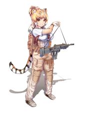 Rule 34 | 1girl, absurdres, alternate costume, alternate hairstyle, animal ear fluff, animal ears, animal print, assault rifle, backpack, bag, belt pouch, black hair, boy (pixiv17542438), breasts, brown eyes, brown pants, commentary, elbow gloves, extra ears, fangs, full body, gloves, grin, gun, hand up, high ponytail, highres, holding, holding gun, holding weapon, kemono friends, light brown hair, long hair, looking at viewer, military, multicolored hair, necktie, pants, pinky out, pocket, ponytail, pouch, print gloves, rifle, shadow, shirt, shoes, short sleeves, sidelocks, smile, solo, south china tiger (kemono friends), standing, tail, tiger ears, tiger print, tiger tail, v-shaped eyebrows, weapon, white hair, white shirt