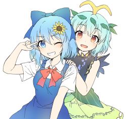 Rule 34 | 2girls, antennae, aqua hair, arm up, blouse, blue dress, blue eyes, blue hair, bow, brown eyes, cirno, dress, eternity larva, fairy wings, flower, green dress, hair bow, hair ornament, hand on shoulder, highres, ice, ice wings, kaoling, leaf, leaf hair ornament, leaf on head, looking at viewer, multicolored clothes, multicolored dress, multiple girls, no wings, one eye closed, open mouth, outstretched arms, red bow, red ribbon, ribbon, salute, shirt, short hair, sleeveless, sunflower, touhou, two-finger salute, white background, white shirt, wing collar, wings