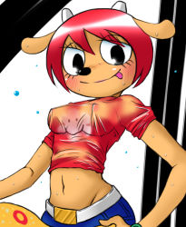 Rule 34 | 1girl, animal ears, belt, black eyes, breasts, denim, female focus, furry, furry female, guitar, horns, impossible clothes, impossible shirt, instrument, itimu, jeans, lammy (um jammer lammy), looking at viewer, midriff, navel, pants, red hair, sheep ears, shirt, smile, solo, standing, sweat, tongue, tongue out, um jammer lammy