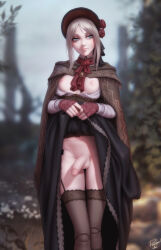 Rule 34 | 1girl, bloodborne, clothes lift, doll joints, from software, futanari, highres, joints, penis, personal ami, plain doll, skirt, skirt lift, testicles, white hair