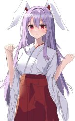 Rule 34 | 1girl, absurdres, alternate costume, animal ears, aohane, closed mouth, highres, japanese clothes, long hair, long sleeves, looking at viewer, miko, purple hair, rabbit ears, rabbit girl, red eyes, red skirt, reisen udongein inaba, shirt, simple background, sketch, skirt, solo, touhou, white background, white shirt, wide sleeves