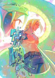 Rule 34 | 1boy, animal, arm at side, artist name, automail, belt, black sclera, blonde hair, blue pants, braid, braided ponytail, broken, closed eyes, colored sclera, commentary, cowboy shot, debris, edward elric, english commentary, fullmetal alchemist, halecyonn, highres, male focus, mechanical arms, multiple scars, navel, nipples, open mouth, oversized animal, pants, parted lips, prosthesis, scar, scar on chest, single braid, single mechanical arm, smile, snake, snake bondage, topless male, white background