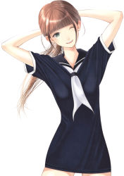 Rule 34 | 1girl, ;d, adjusting hair, arms behind head, bad id, bad pixiv id, brown hair, green eyes, hami (hami-gerden), highres, mole, mole under eye, one eye closed, open mouth, original, ponytail, sailor collar, school uniform, smile, solo, standing, swimsuit
