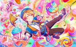 Rule 34 | 1boy, alternate costume, bad source, blonde hair, blue hat, cake, candy, cupcake, fingernails, food, full body, gingerbread man, hat, highres, holding, holding food, lollipop, male focus, official art, one eye closed, pop in my heart!! (project sekai), project sekai, shoelaces, shoes, short sleeves, smile, solo, star (symbol), teeth, tenma tsukasa, third-party source, wristband