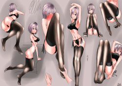 Rule 34 | 1girl, absurdres, ass, blush, fate/grand order, fate (series), feet, hair over one eye, hands on feet, highres, holding another&#039;s foot, light purple hair, looking at viewer, lying, mash kyrielight, no shoes, purple eyes, see-through, see-through legwear, short hair, sitting, soles, toes