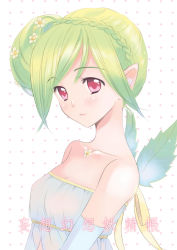 Rule 34 | bare shoulders, cover, elbow gloves, fairy, flower, gloves, green hair, kazuto izumi, plant wings, pointy ears, red eyes, solo, wings