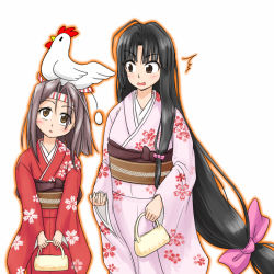 Rule 34 | 10s, 2girls, ahoge, bird, black hair, chicken, egg, egg laying, japanese clothes, kantai collection, kimono, long hair, multiple girls, object on head, open mouth, shouhou (kancolle), sitting, sitting on person, v1, yukata, zuihou (kancolle)