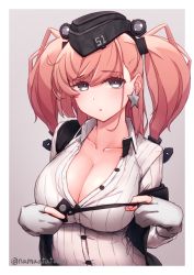 Rule 34 | 1girl, anchor hair ornament, atlanta (kancolle), black hat, blush, bra visible through clothes, breasts, brown hair, cleavage, collarbone, commentary request, earrings, garrison cap, gloves, grey eyes, hair ornament, hat, highres, jewelry, kantai collection, large breasts, long hair, long sleeves, looking at viewer, namaata, off shoulder, open mouth, partially fingerless gloves, shirt, simple background, single earring, solo, star (symbol), star earrings, twitter username, two side up, undressing, upper body, white gloves, white shirt