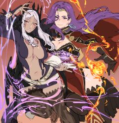 Rule 34 | 2girls, aversa (fire emblem), belt, black dress, book, breasts, bridal gauntlets, cape, circlet, cleavage, cleavage cutout, clothing cutout, commission, crown, dark-skinned female, dark skin, dress, earrings, eyeshadow, facial mark, feather trim, feathers, fingernails, fire, fire emblem, fire emblem awakening, fire emblem echoes: shadows of valentia, forehead mark, gloves, high heels, highres, holding, jewelry, kenshin187, large breasts, long fingernails, long hair, looking at viewer, magic circle, makeup, mature female, multiple girls, nail polish, navel, nintendo, no panties, open mouth, parted lips, pelvic curtain, plunging neckline, purple eyes, purple eyeshadow, purple hair, red eyes, short dress, simple background, smile, sonya (fire emblem), tattoo, thighhighs, thighs, white belt, white hair, white lips