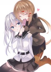 Rule 34 | 2girls, absurdres, black bow, black legwear, black skirt, blue eyes, bow, brown hair, brown legwear, closed eyes, fathom, food, food in mouth, hair bow, hand on another&#039;s shoulder, heart, hibiki (kancolle), highres, holding, holding food, ice cream, kantai collection, kneeling, long hair, long sleeves, looking at another, low twintails, multiple girls, pantyhose, pleated skirt, school uniform, serafuku, silver hair, simple background, skirt, tashkent (kancolle), thighhighs, twintails, verniy (kancolle), white background