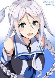 Rule 34 | 1girl, artist name, black serafuku, blue background, blue eyes, blue neckerchief, braid, commentary request, dated, gradient background, hair between eyes, hair flaps, hair tie, highres, kamelie, kantai collection, long hair, looking at viewer, mole, mole under eye, neckerchief, one-hour drawing challenge, open mouth, parted bangs, school uniform, serafuku, shirt, silver hair, single braid, sleeveless, sleeveless shirt, smile, solo, umikaze (kancolle), upper body, very long hair
