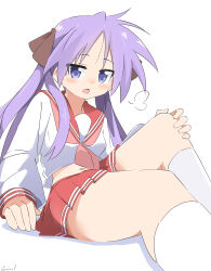 Rule 34 | 1girl, puff of air, absurdres, blush, bow, brown bow, cynical (llcbluckg c004), dot nose, double horizontal stripe, feet out of frame, hair ribbon, half-closed eyes, hand on own knee, highres, hiiragi kagami, kyoto animation, long hair, long sleeves, lucky star, midriff peek, miniskirt, navel, neckerchief, open mouth, pink neckerchief, purple eyes, purple hair, ribbon, ryouou school uniform, school uniform, serafuku, sigh, skirt, solo, thick thighs, thighs, tsurime, twintails, visible air, white background