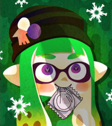Rule 34 | 1girl, condom, condom in mouth, condom wrapper, green hair, hat, inkling player character, mouth hold, nintendo, official art, pointy ears, solo, splatoon (series), third-party edit