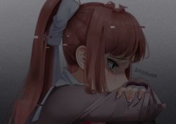 Rule 34 | 1girl, artist name, brown hair, commentary, crying, crying with eyes open, doki doki literature club, english commentary, glitch, green eyes, grey background, hair ribbon, highres, long hair, monika (doki doki literature club), ponytail, profile, ribbon, sasoura, school uniform, solo, static, tears, white ribbon